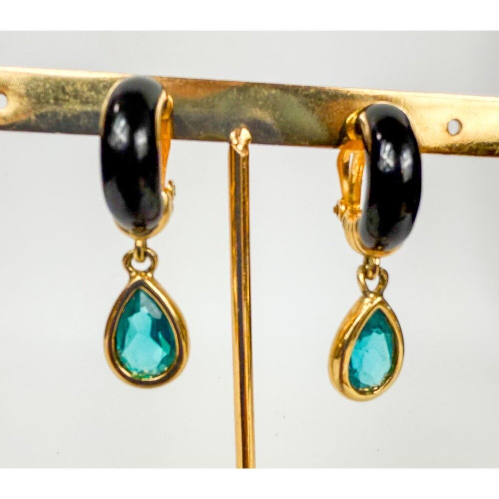 Swarovski Gold Tone Black Enamel Teal Teardrop Crystal Clip on Earrings